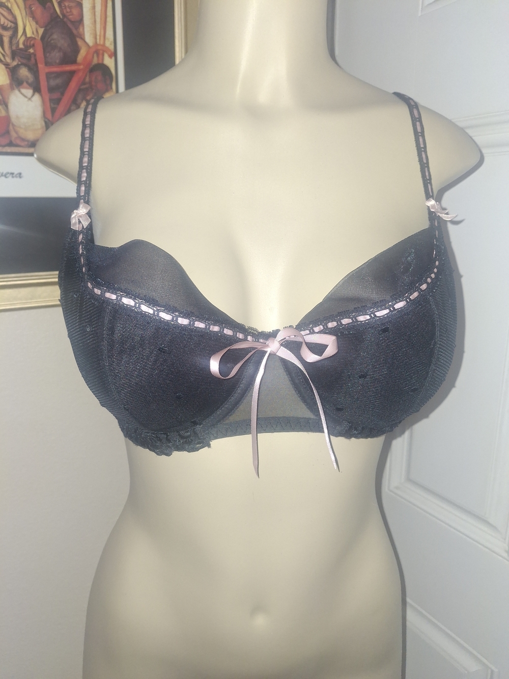 Jezebel Black Lace Underwire Bra with Pink Ribbon Accents